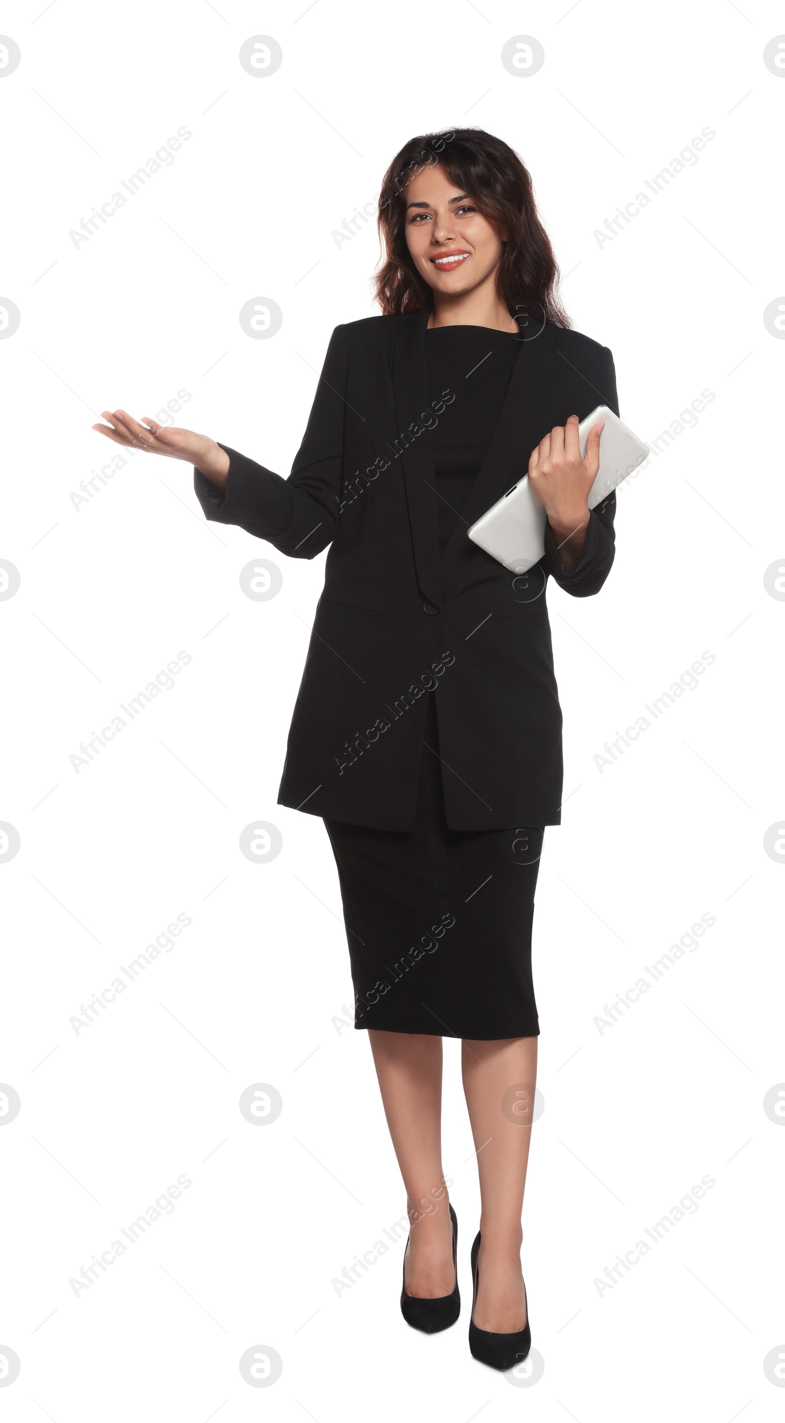 Photo of Full length portrait of hostess in uniform with tablet on white background