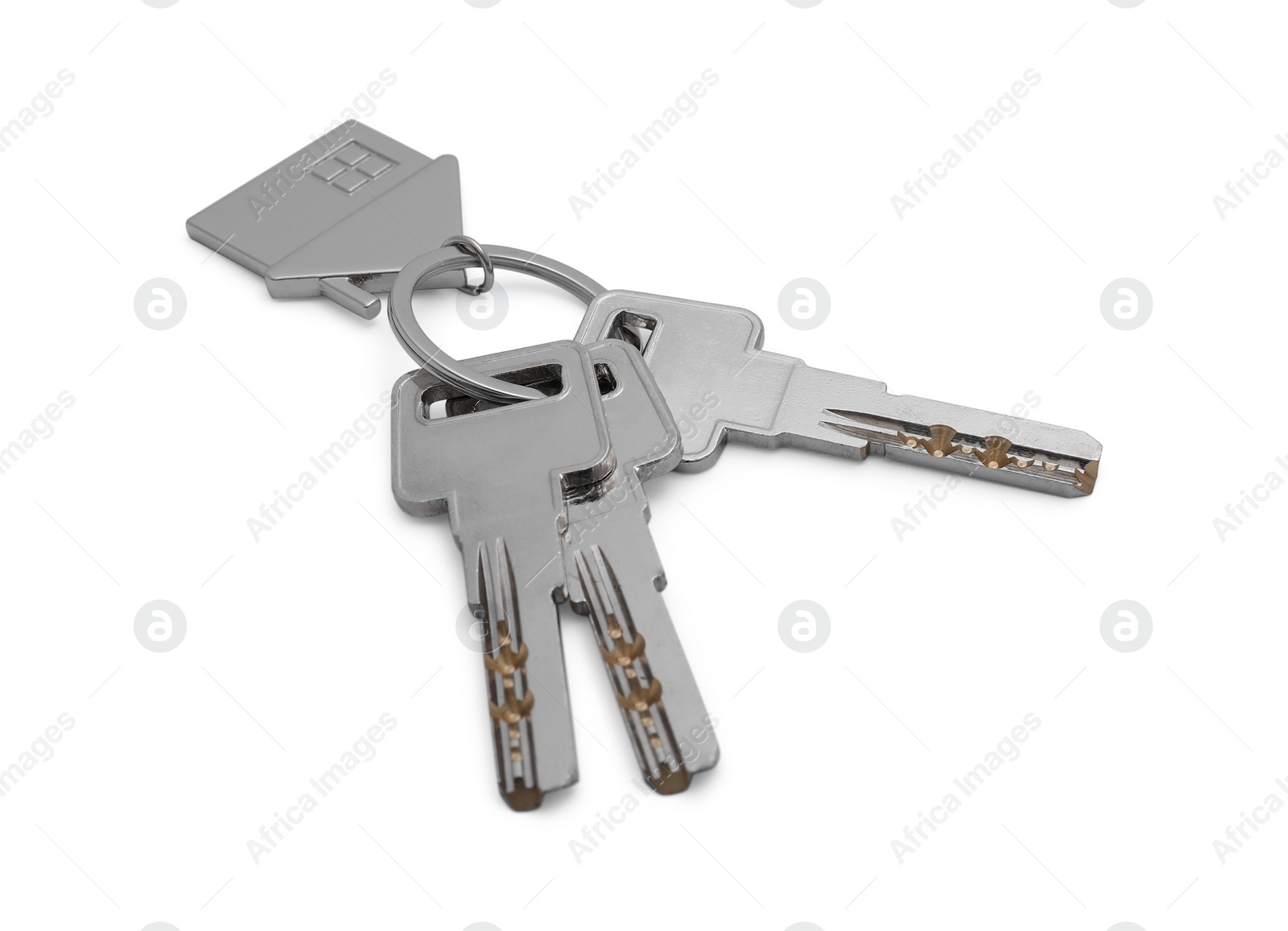 Photo of Keys with keychain in shape of house isolated on white