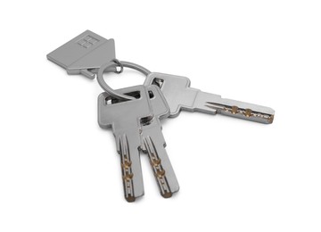 Keys with keychain in shape of house isolated on white