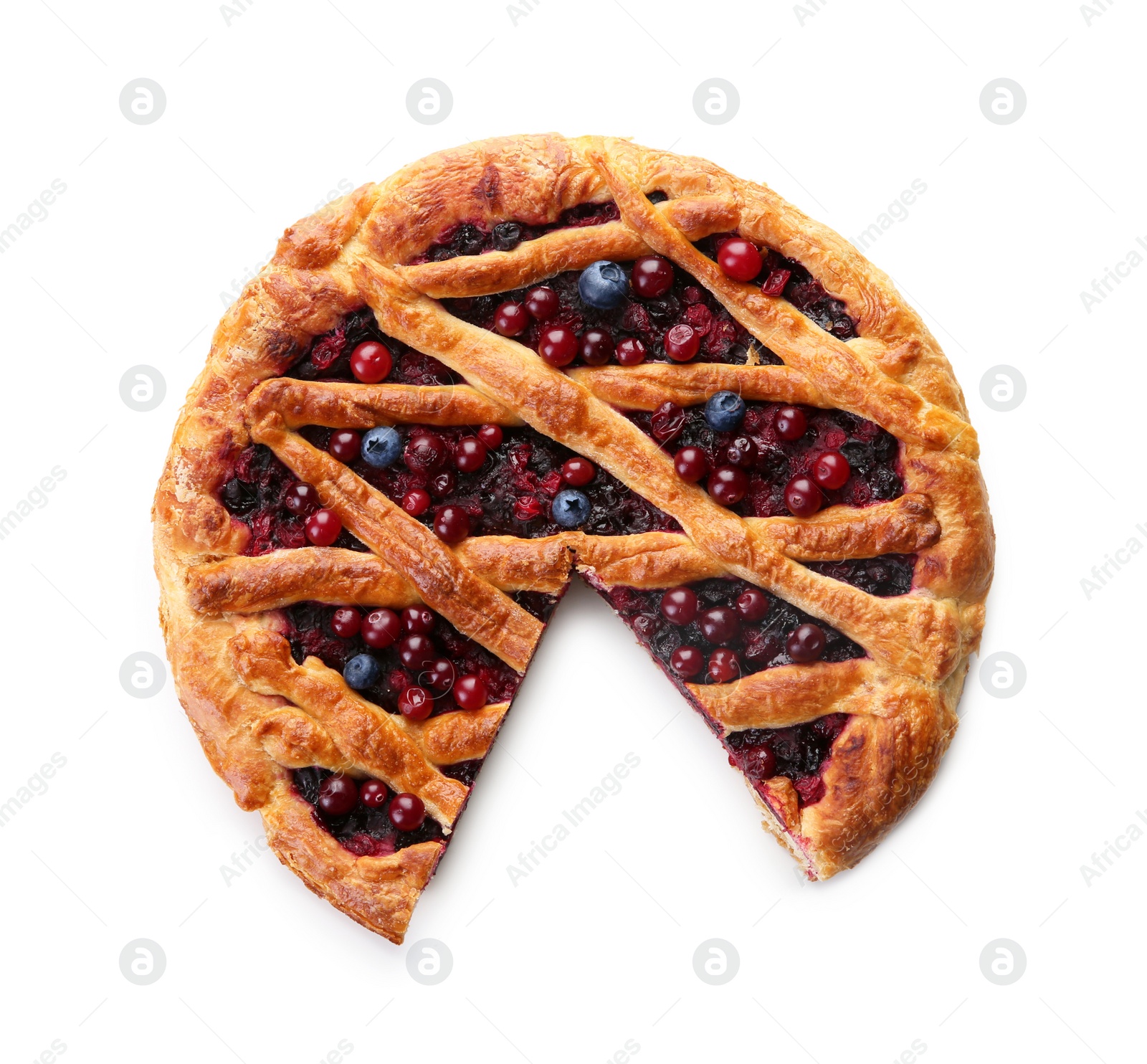 Photo of Delicious cut currant pie and fresh berries isolated on white, top view