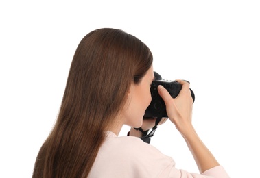 Professional photographer taking picture on white background