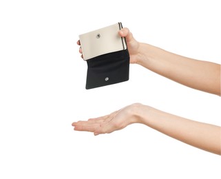 Photo of Woman with empty wallet on white background, closeup