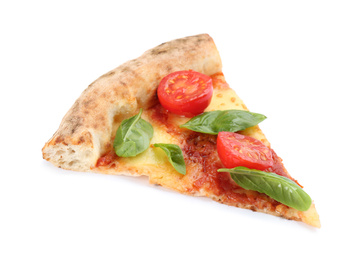 Photo of Slice of delicious pizza isolated on white