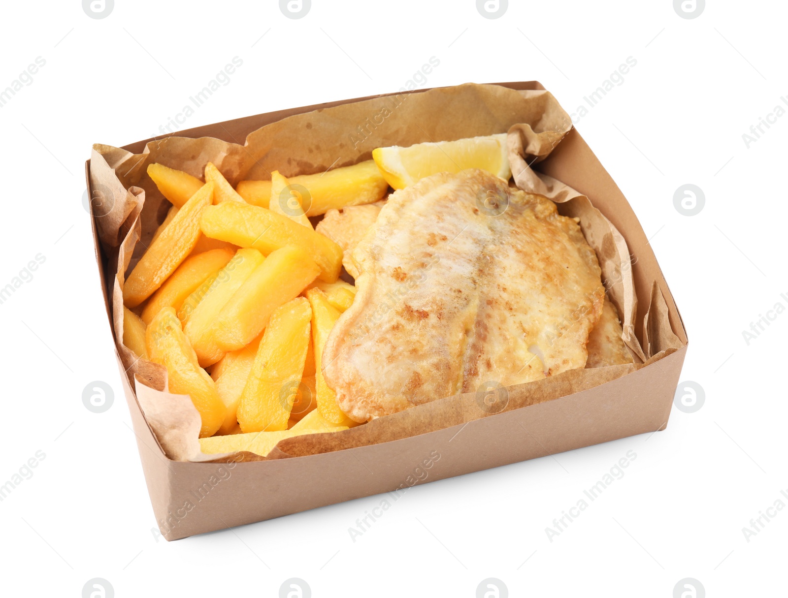 Photo of Delicious fish and chips in paper box isolated on white