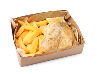 Photo of Delicious fish and chips in paper box isolated on white