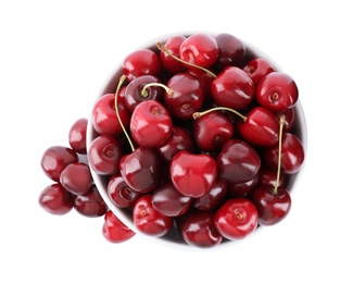 Tasty ripe red cherries and bowl isolated on white, top view