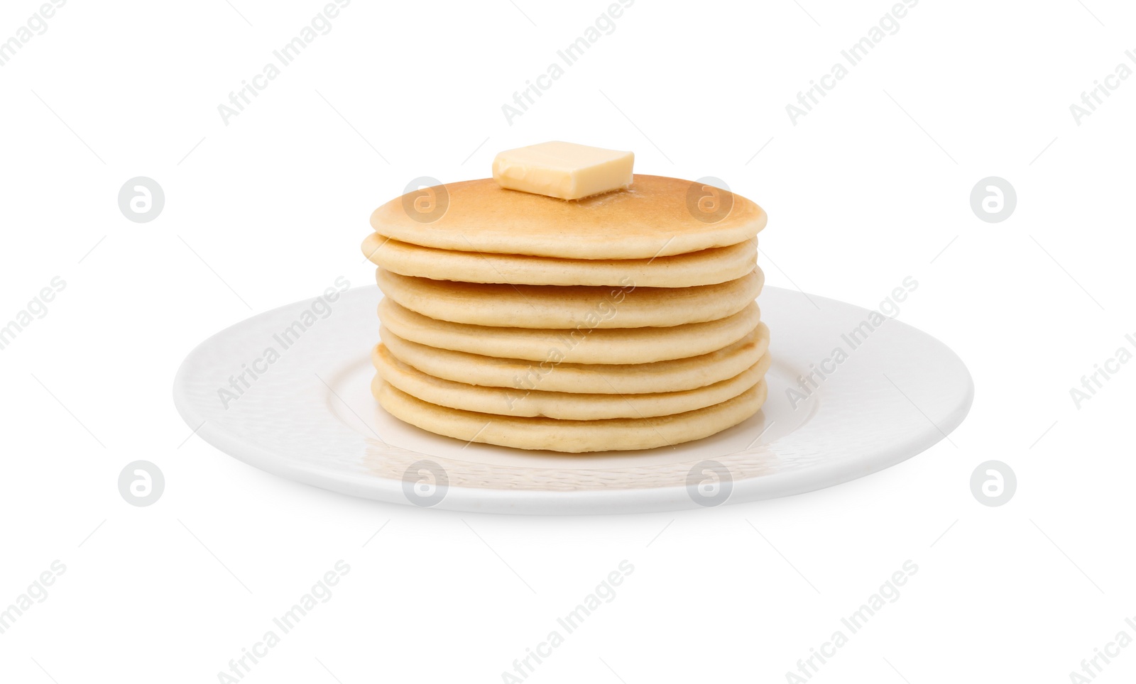 Photo of Delicious pancakes with butter isolated on white