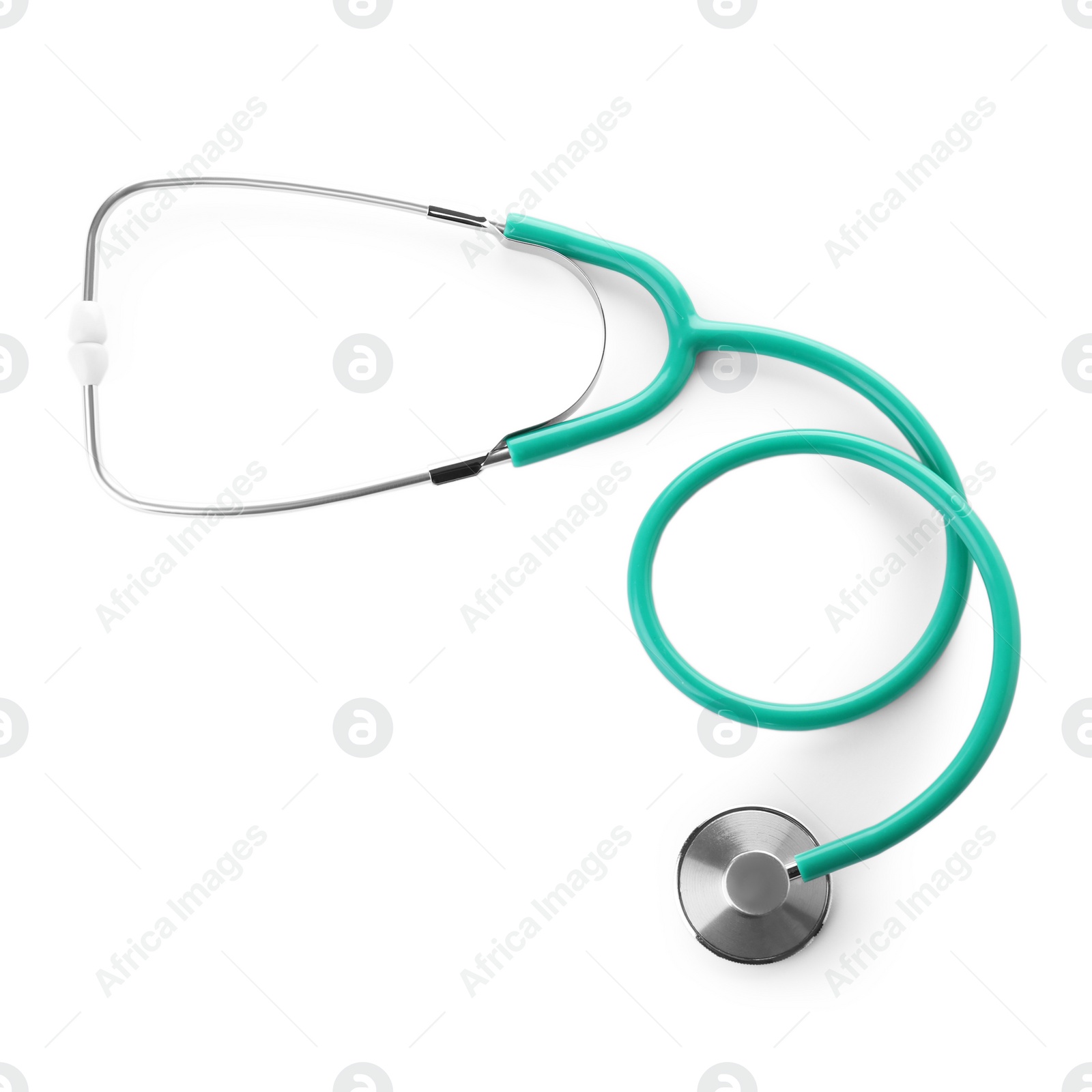 Photo of Stethoscope on white background, top view. Medical device