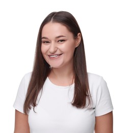 Smiling woman with dental braces on white background