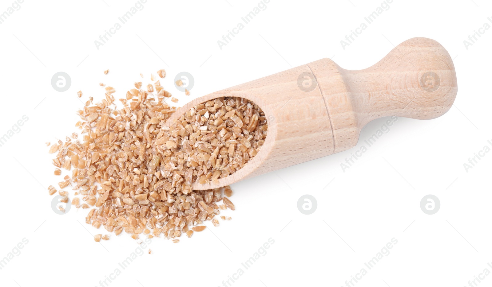 Photo of Scoop with dry wheat groats isolated on white, top view