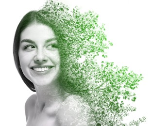 Double exposure of beautiful woman and tree on white background, color toned