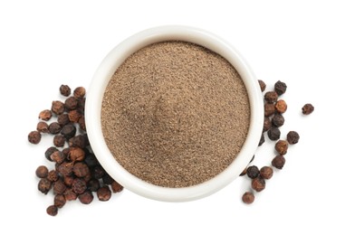Photo of Aromatic spice. Ground and whole black pepper isolated on white, top view
