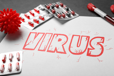 Photo of Paper with word VIRUS and medicines, closeup
