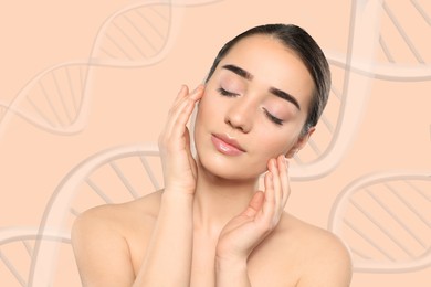 Image of Beautiful young woman against beige background with illustration of DNA chains