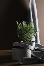 Photo of Aromatic rosemary plant growing in pot on wooden table