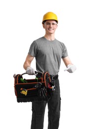 Professional repairman with tool box on white background