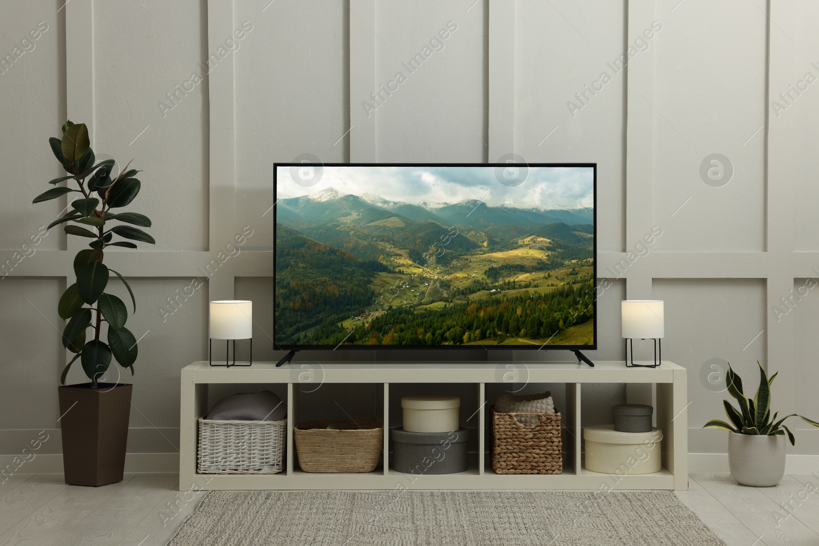 Image of Modern TV set on wooden stand in room. Scene of nature themed movie on screen