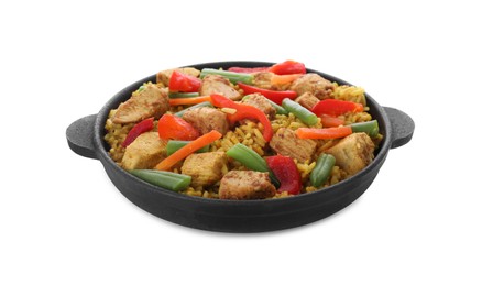 Photo of Serving pan of delicious rice with chicken and vegetables isolated on white