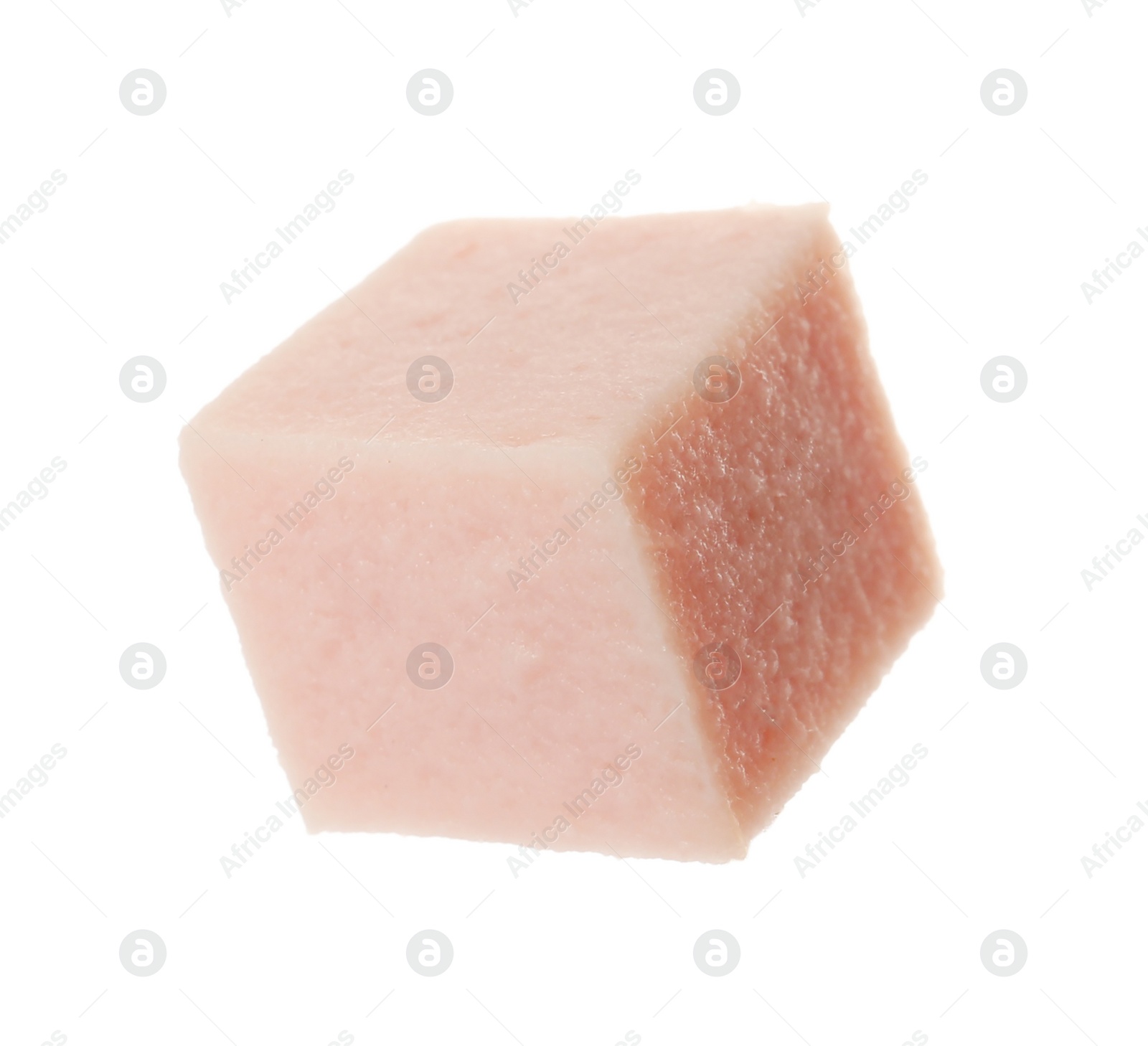 Photo of Cube of tasty boiled sausage isolated on white