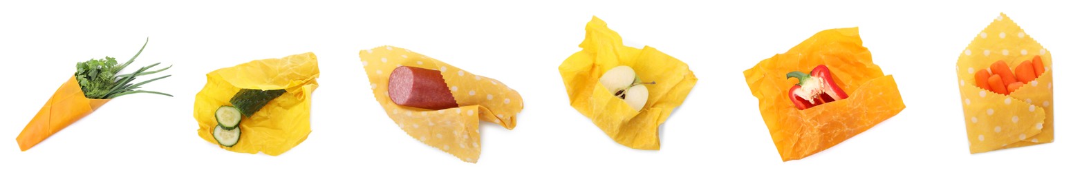 Image of Collage of different food products in beeswax food wraps isolated on white, top view