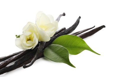 Photo of Vanilla pods, green leaves and flowers isolated on white