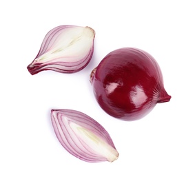 Photo of Fresh whole and cut red onions on white background, top view