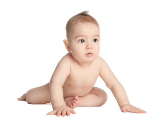 Photo of Cute healthy little baby on white background