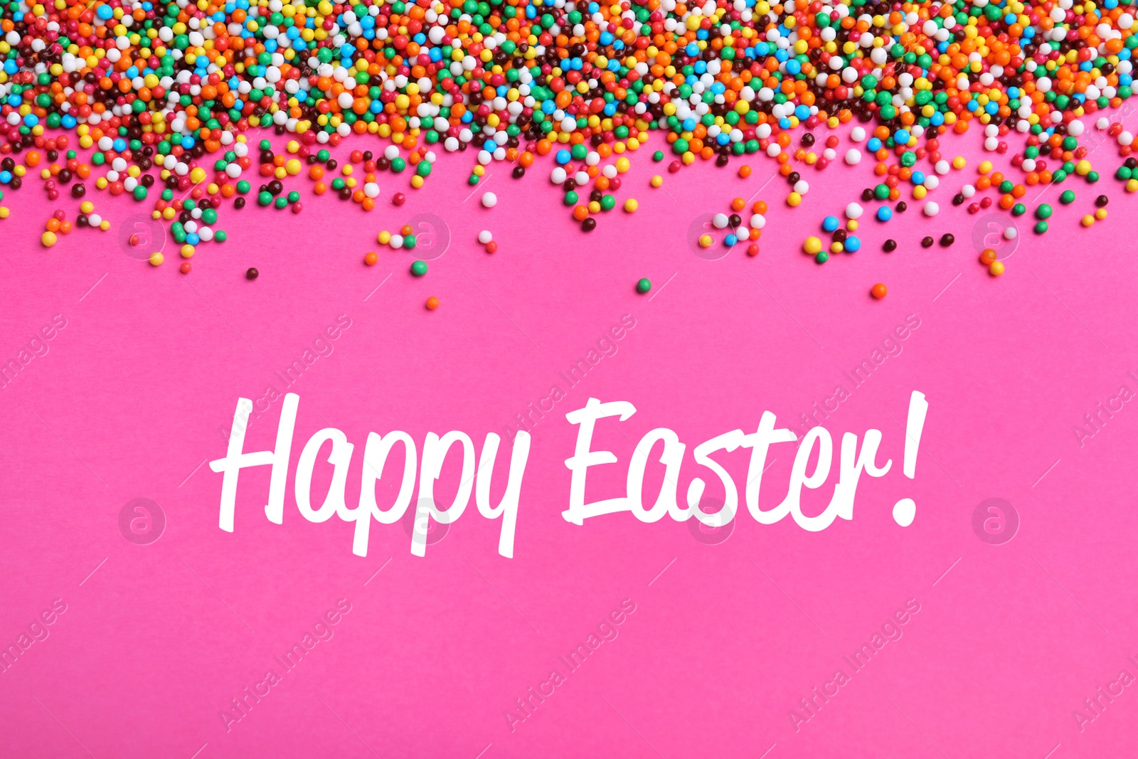 Image of Text Happy Easter and colorful sprinkles on pink background, flat lay. Confectionery decor