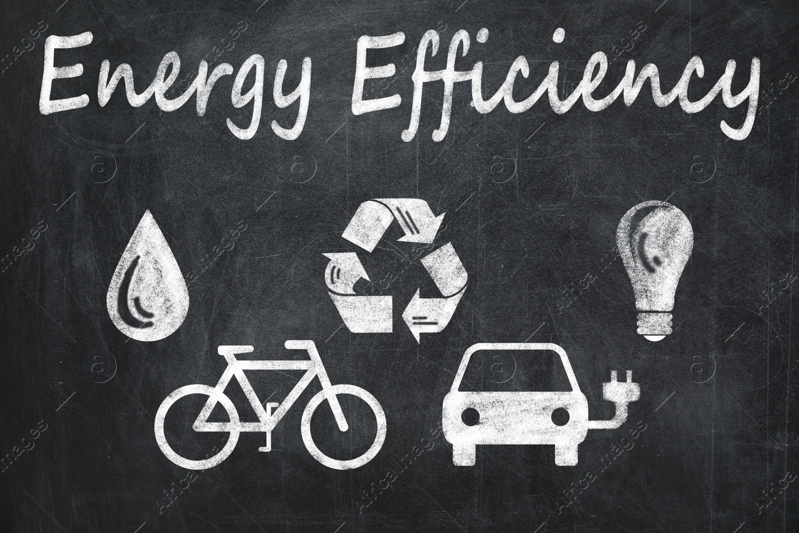 Energy efficiency concept. Different icons drawn on blackboard Image of Energy efficiency concept. Different icons drawn on blackboard