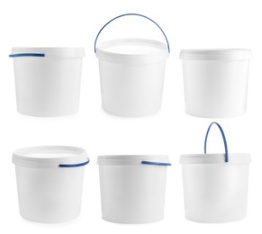 Image of Plastic buckets with lids isolated on white, set