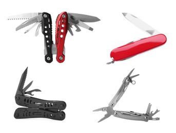 Set with different portable multitools on white background