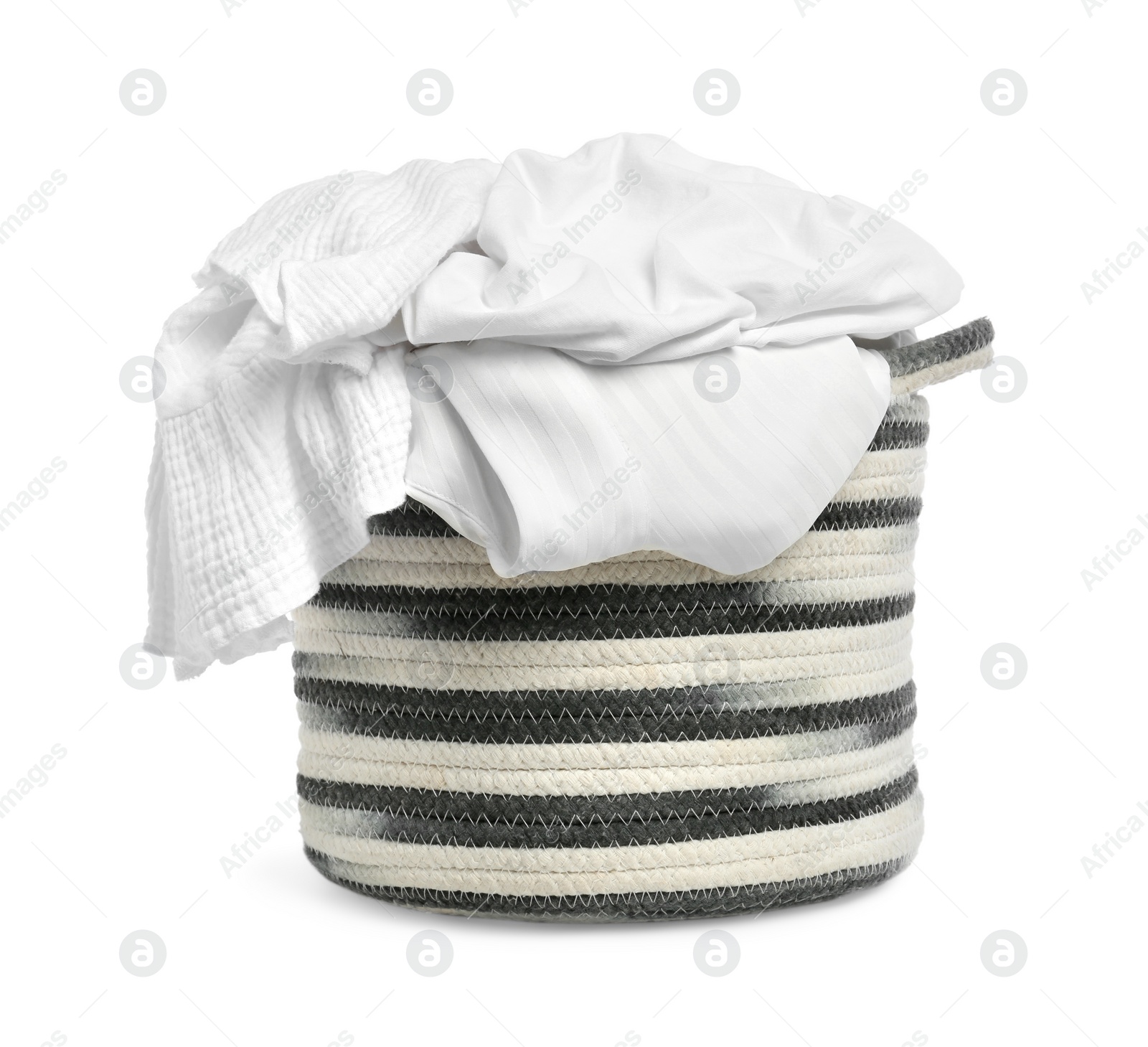 Laundry basket with clothes isolated on white Photo of Laundry basket with clothes isolated on white