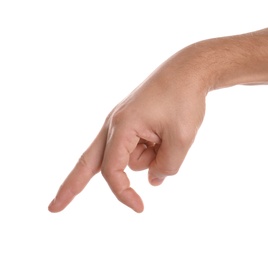 Photo of Man showing hand on white background, closeup