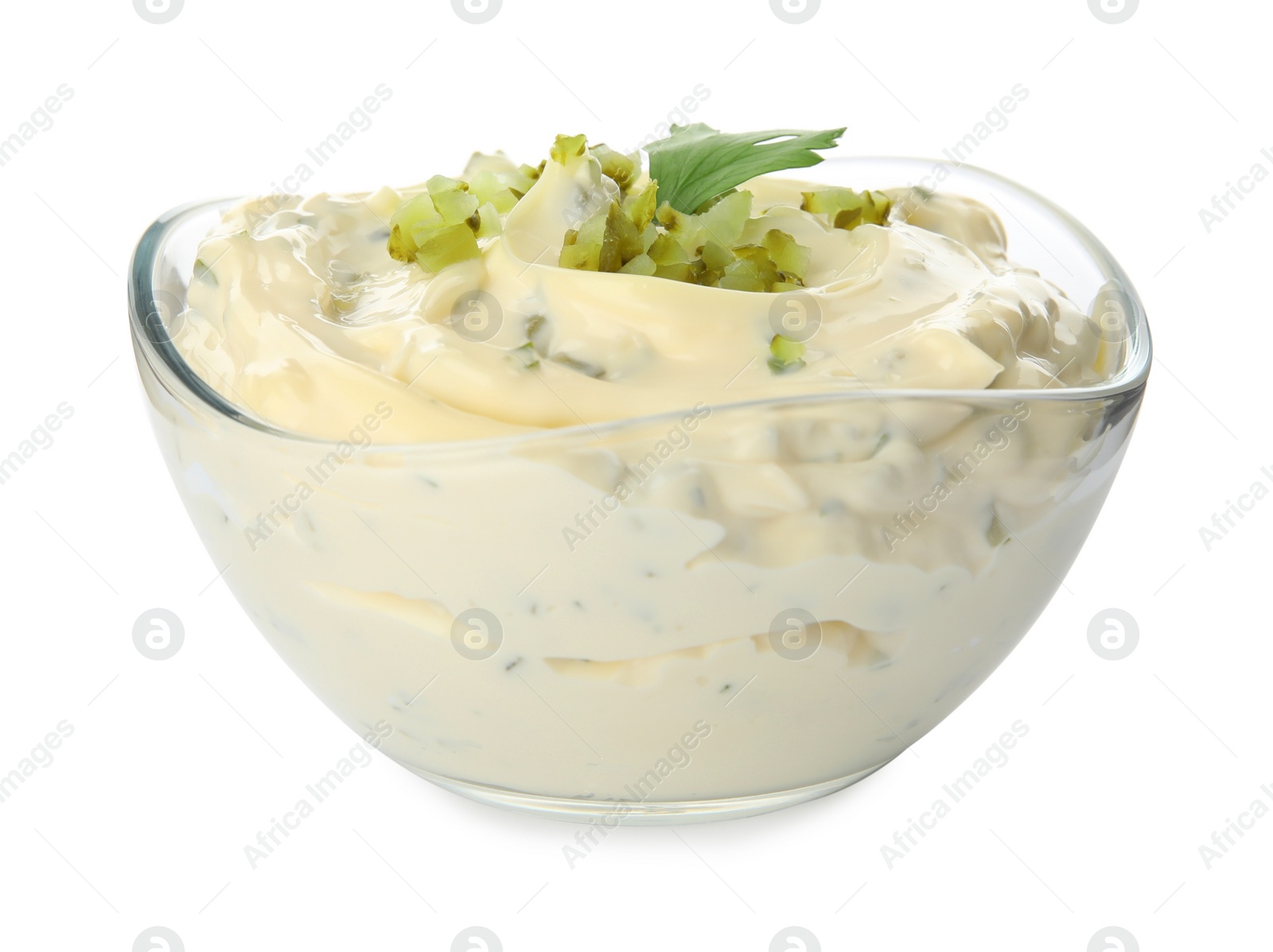 Photo of Tartar sauce in glass bowl isolated on white