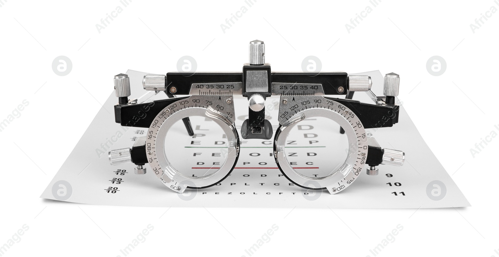 Photo of Trial frame and vision test chart isolated on white