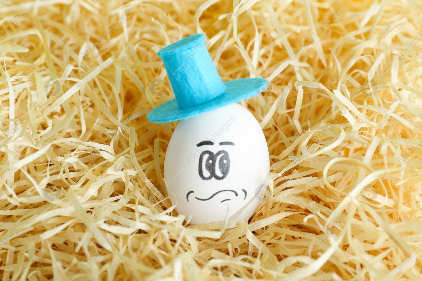 Photo of Egg with drawn thoughtful face and hat on straw