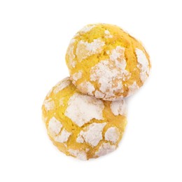 Photo of Delicious lemon cookies on white background, top view