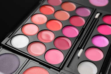 Photo of Colorful lipstick palettes as background, closeup. Professional cosmetics