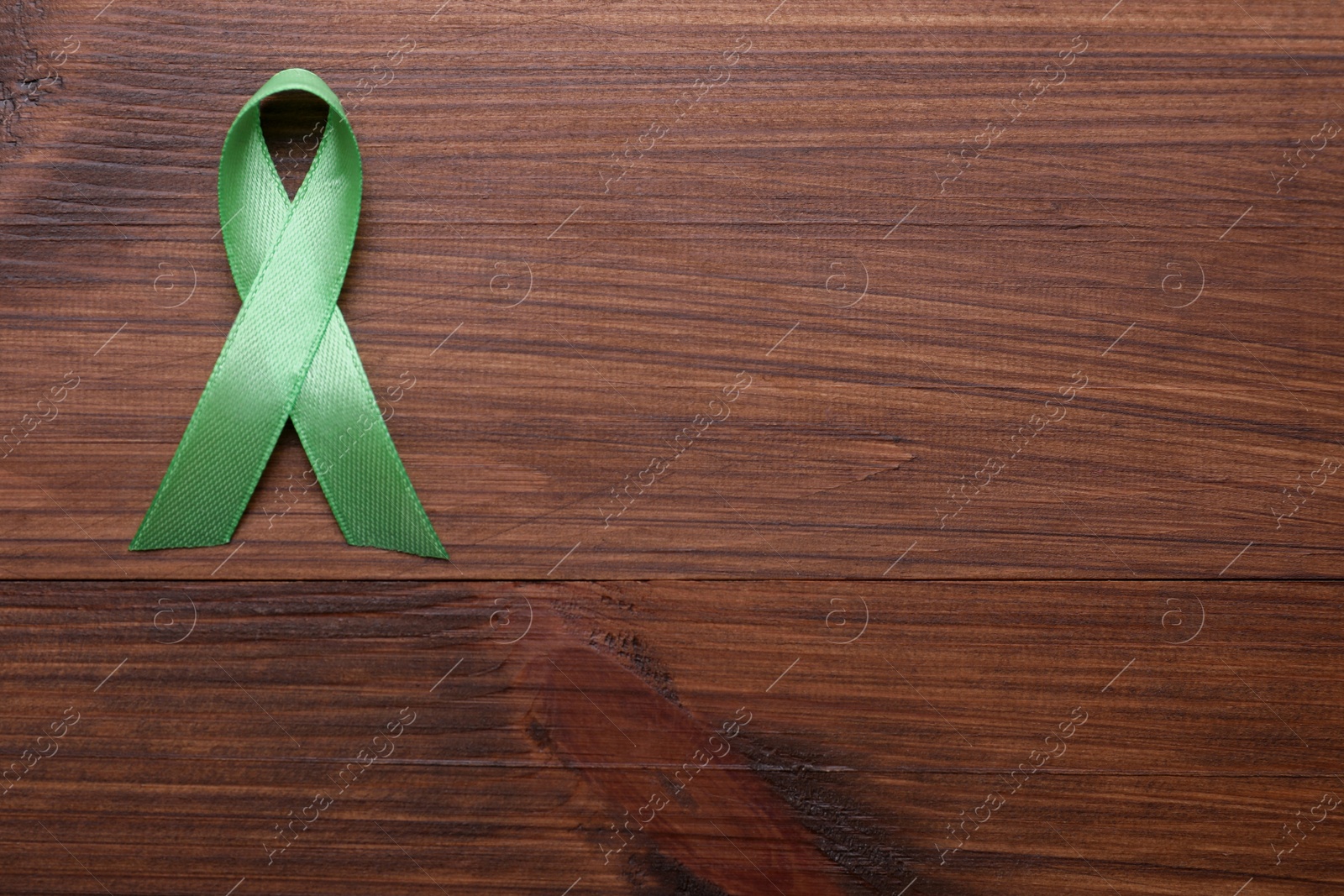 Photo of World Mental Health Day. Green ribbon on wooden background, top view with space for text