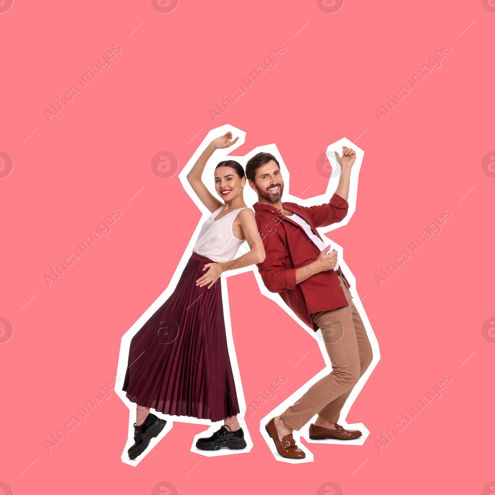 Image of Pop art poster. Happy couple dancing together on coral background