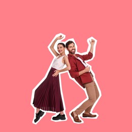 Pop art poster. Happy couple dancing together on coral background
