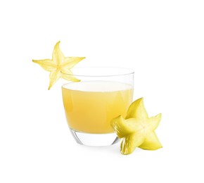 Photo of Delicious carambola juice in glass on white background