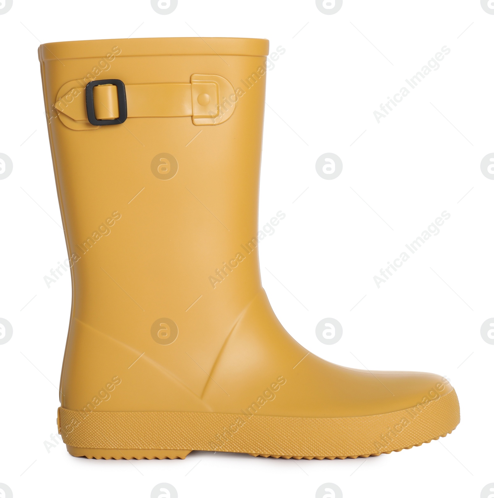 Photo of Modern yellow rubber boot isolated on white