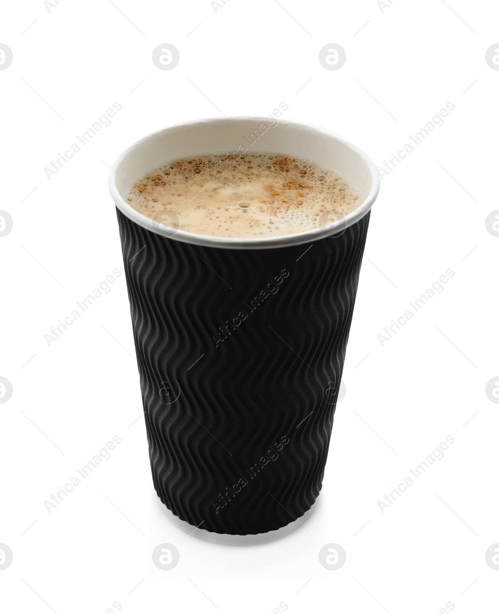Photo of Aromatic coffee in takeaway paper cup isolated on white
