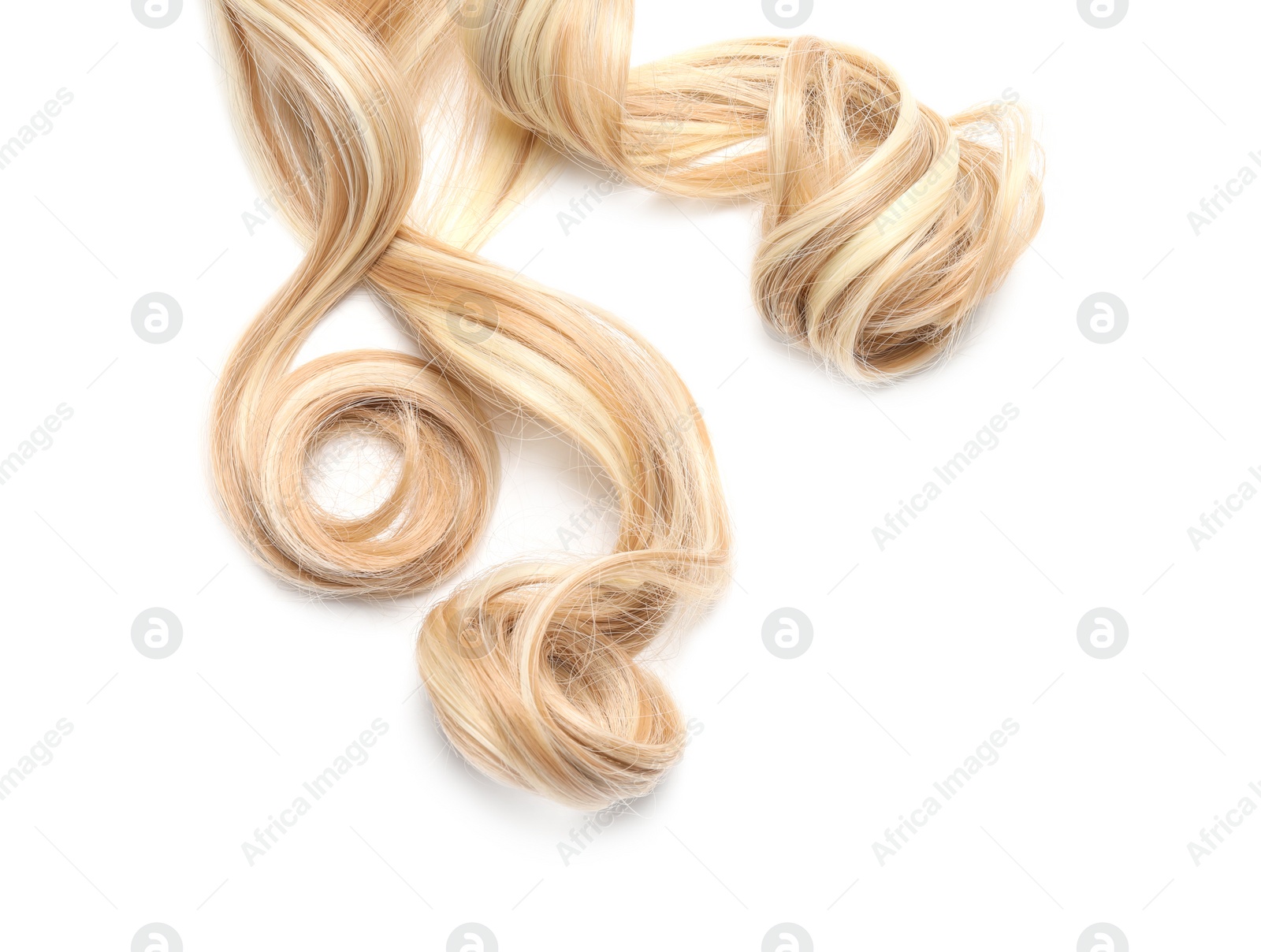 Photo of Beautiful blonde curly hair isolated on white, top view