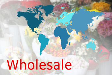Image of Wholesale business. World map and blurred assortment of flowers on background
