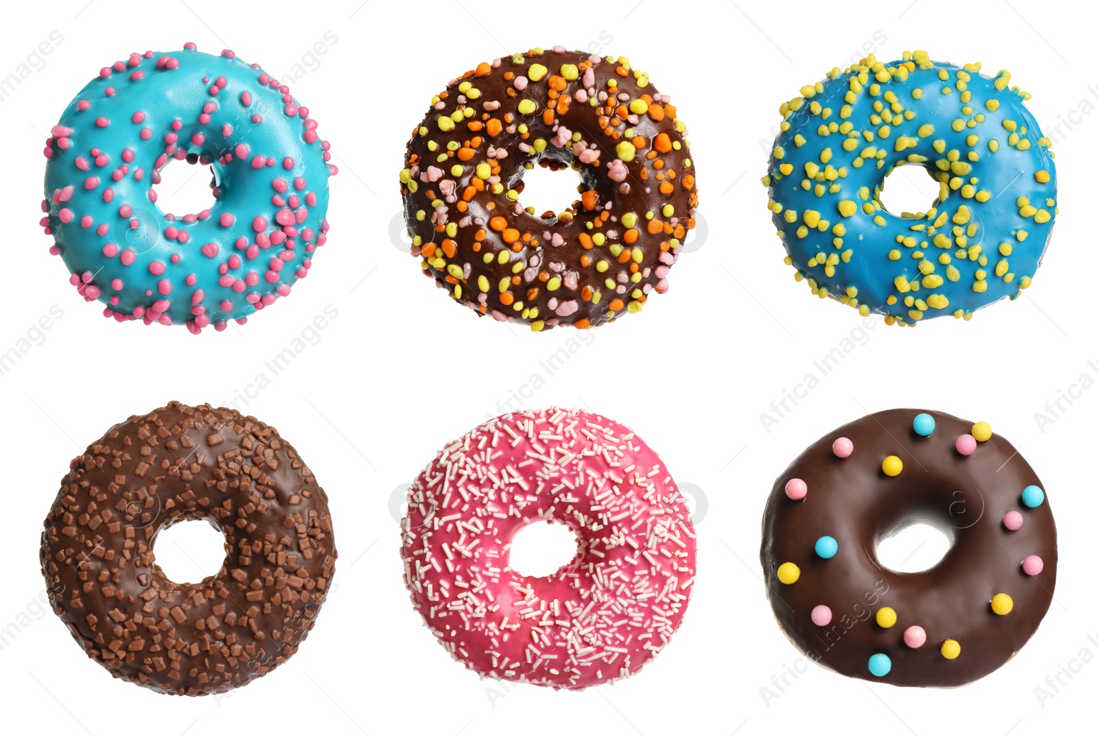 Image of Set with delicious glazed donuts on white background