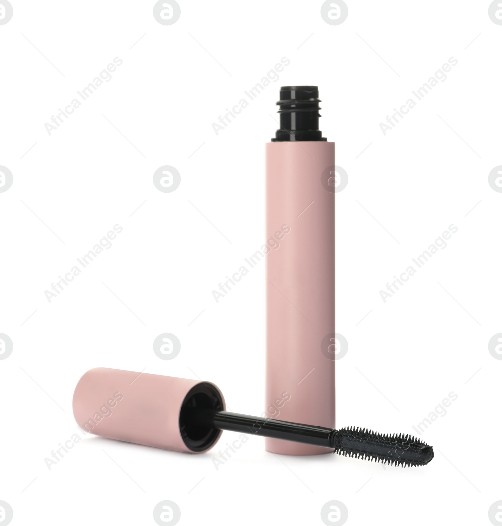 Photo of Mascara for eyelashes on white background. Makeup product