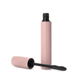 Photo of Mascara for eyelashes on white background. Makeup product