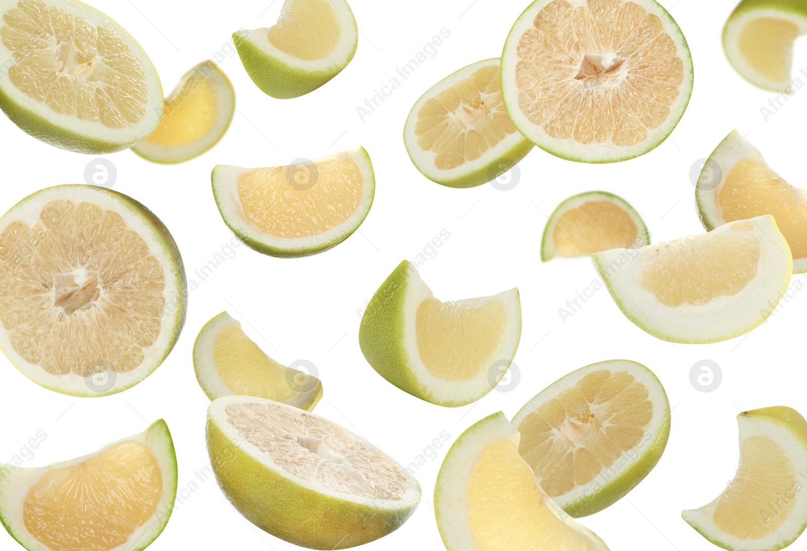 Image of Fresh ripe sweetie fruits falling on white background